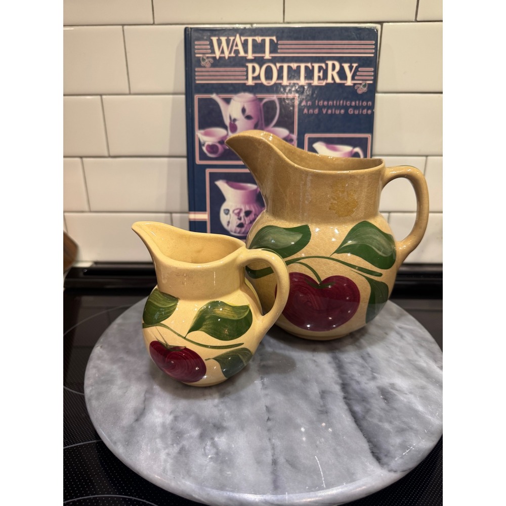 Watt Pottery Apple Pattern Pitcher Set 2pc Hand Painted Stoneware.Book included